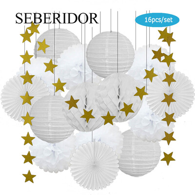 Χρυσό μπεζ Σετ Στρογγυλό Χαρτί Φανάρι Λευκή μπάλα Κυψελοειδή Πτυσσόμενη Βεντιλατέρ Για Βάπτιση Μπομπονιέρα Γενεθλίων Διακόσμηση Γάμων