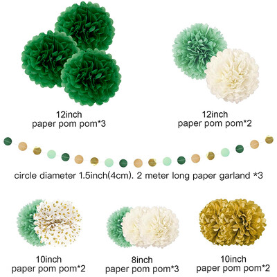 Tamsiai žalios knygos „Pom Pom“ rinkinys – aukso ir smėlio spalvos vakarėlių dekoracijų rinkinys elegantiškoms šventėms ir renginiams