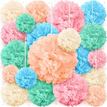 20 τμχ - Λεπτά χάρτινα πομ πομ - Σειρά Rainbow Soft Paper Flower Decorations, Κατάλληλα για διακόσμηση αυλής, γενέθλια