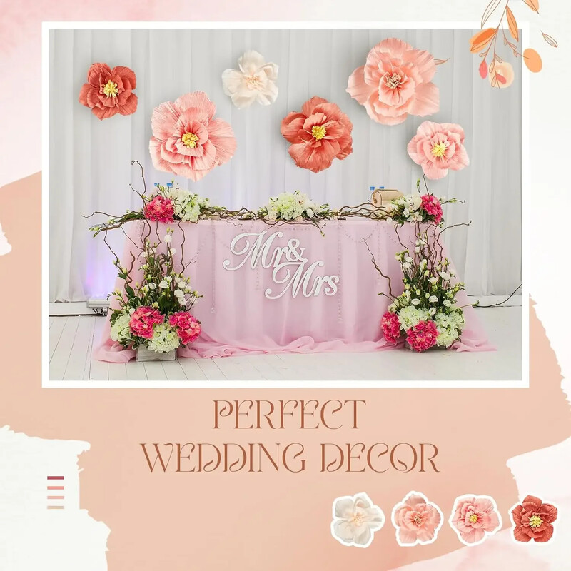 24 db Selyempapír Virágok, Krepppapír Virágok Dekorációk Esküvőre Baba Menyasszonyi Zuhanyzószoba fali dekoráció