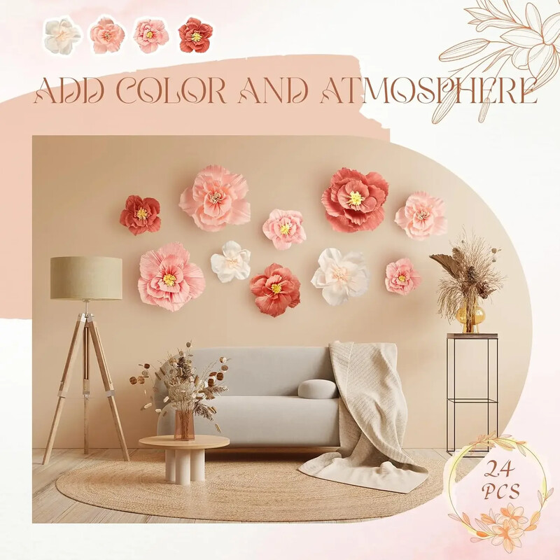 24 db Selyempapír Virágok, Krepppapír Virágok Dekorációk Esküvőre Baba Menyasszonyi Zuhanyzószoba fali dekoráció