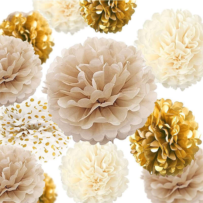 15db Arany Pezsgős Bézs Papír Pomponok Születésnapi Party Díszek Pöttyös Füzér Lógó Háttér újévi karácsonyi dekorációhoz