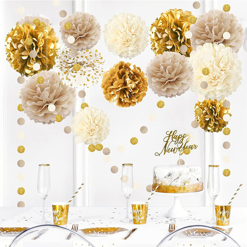 15db Arany Pezsgős Bézs Papír Pomponok Születésnapi Party Díszek Pöttyös Füzér Lógó Háttér újévi karácsonyi dekorációhoz