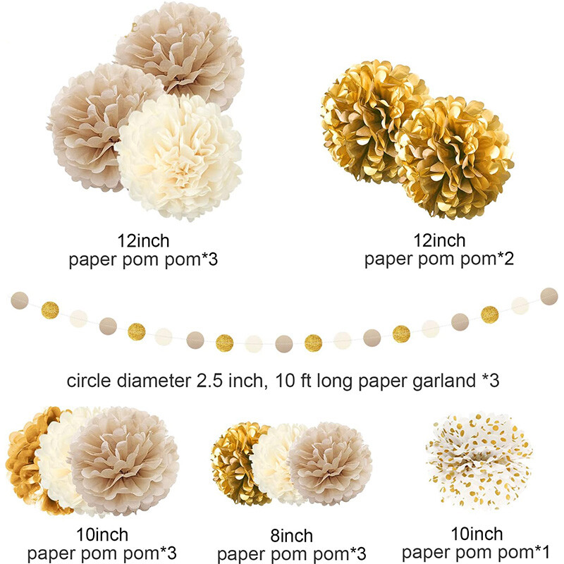 15db Arany Pezsgős Bézs Papír Pomponok Születésnapi Party Díszek Pöttyös Füzér Lógó Háttér újévi karácsonyi dekorációhoz