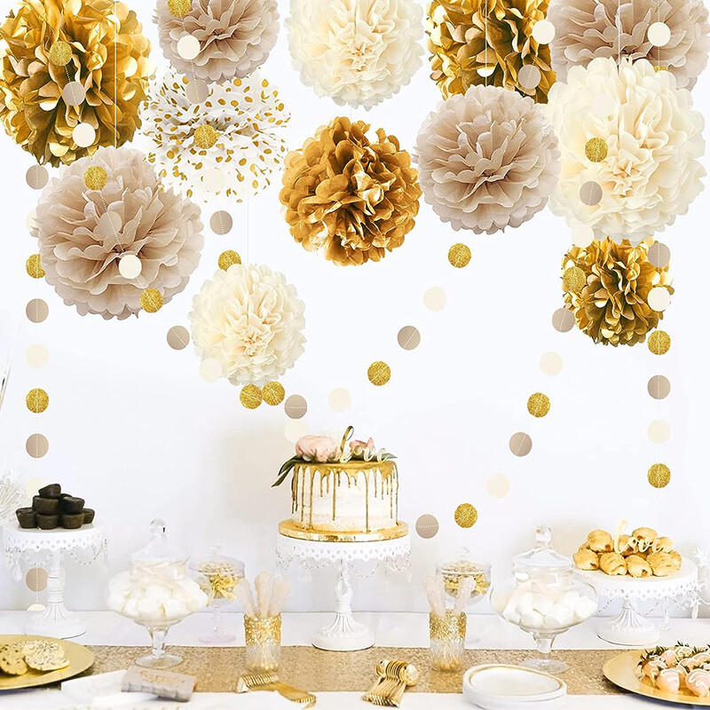 15db Arany Pezsgős Bézs Papír Pomponok Születésnapi Party Díszek Pöttyös Füzér Lógó Háttér újévi karácsonyi dekorációhoz