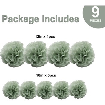 9 τμχ Dusty Sage Green Tissue Paper Pom Poms Flowers Streamers τοίχου κρεμαστά για βοτανικό ουδέτερο ντους μωρού γάμου