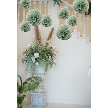 9 τμχ Dusty Sage Green Tissue Paper Pom Poms Flowers Streamers τοίχου κρεμαστά για βοτανικό ουδέτερο ντους μωρού γάμου