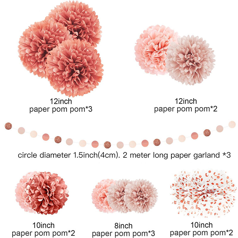 Poros rózsa, világos rózsaszín és rózsa arany papír pom pom készlet – elegáns partidíszek arany és bézs színben esküvőre, babazuhanyra,
