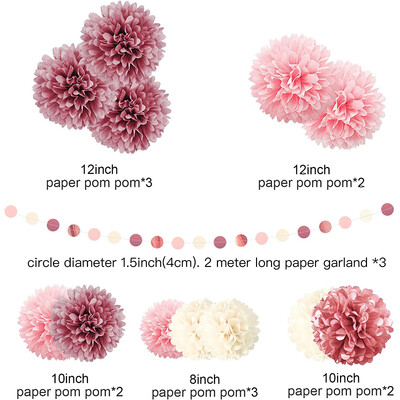 Dusty Rose, šviesiai rožinės ir rožinės spalvos aukso spalvos popierinis „Pom Pom“ rinkinys – elegantiškos aukso ir smėlio spalvos vakarėlio dekoracijos vestuvėms, kūdikio dušui,