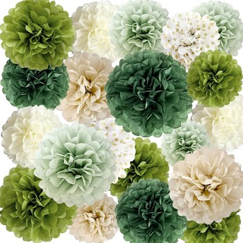 Sage Green Tissue Paper Pom Pom 20 τμχ Ivory Tan Boho Flowers Birthday Baby Shower Wild Safari Jungle Botanical Greenery