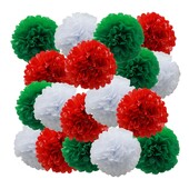 18 bucăți pompon din hârtie verde, alb și roșu pentru decorarea petrecerii de Crăciun