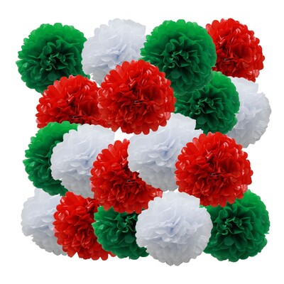 18 bucăți pompon din hârtie verde, alb și roșu pentru decorarea petrecerii de Crăciun