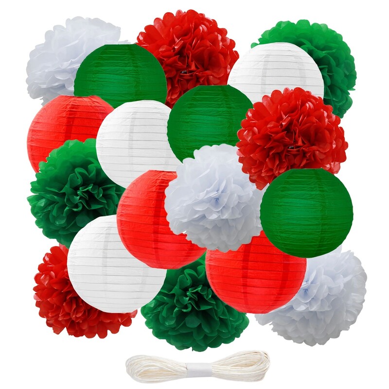18 bucăți pompon din hârtie verde, alb și roșu pentru decorarea petrecerii de Crăciun