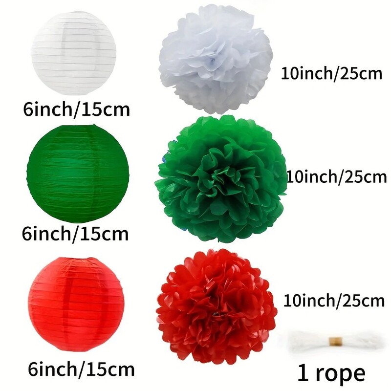 18 bucăți pompon din hârtie verde, alb și roșu pentru decorarea petrecerii de Crăciun