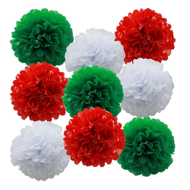 18 bucăți pompon din hârtie verde, alb și roșu pentru decorarea petrecerii de Crăciun