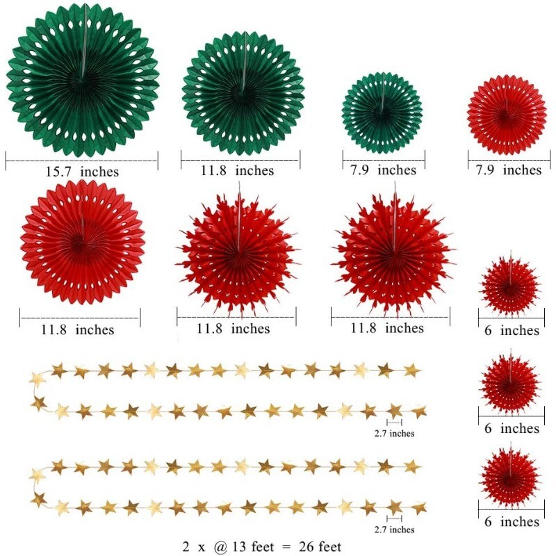 Piros Zöld Karácsonyi Születésnapi Party Otthoni dekoráció Függő Dekor Selyempapír Fan Pompon Arany Csillag Koszorú karácsonyi születésnapra