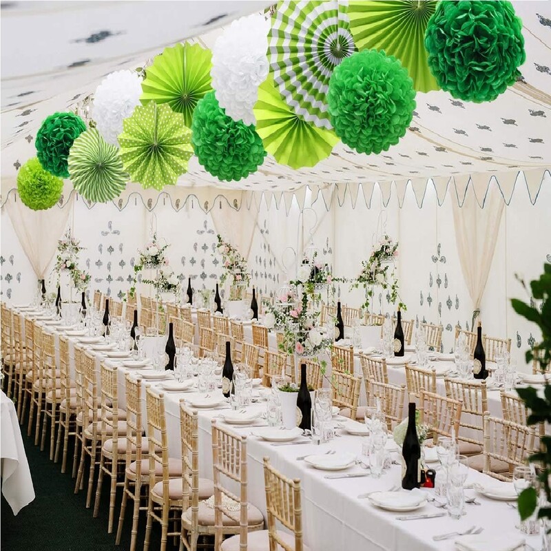 15 csomagos zöld papír pompon készlet papírlegyezővel Szent Patrik napja, Születésnapi Esküvő, Ballagás,