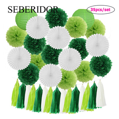 Summer Wedding Party Favor Green White Set Висящ хартиен фенер Вентилатор от кърпи Пискюл Бебе Момиче Момче Кръщене Рожден Ден Декор Помпон