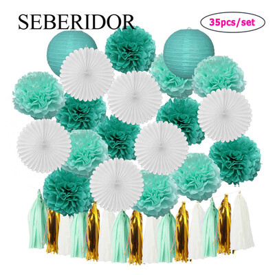 Μπομπονιέρα Καλοκαιρινής Γάμου Πράσινο Λευκό Σετ Κρεμαστό Χαρτί Φαναράκι Βεντιλατέρ Φούντα Κοριτσάκι Αγόρι Βάπτιση Διακόσμηση γενεθλίων Πομπον