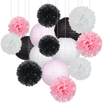 15 vnt. Kūdikio berniuko mergaitės 1-ojo gimtadienio vakarėlis, rožinis baltas rinkinys, apvalus popierinis rutulinis žibintas, sulankstomas krikšto vestuvių dekoras, korinis pomponas