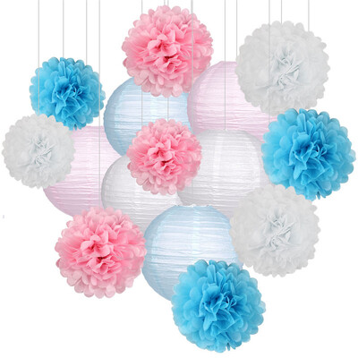 15 vnt. Kūdikio berniuko mergaitės 1-ojo gimtadienio vakarėlis, rožinis baltas rinkinys, apvalus popierinis rutulinis žibintas, sulankstomas krikšto vestuvių dekoras, korinis pomponas