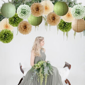 Buli dekoráció Zsálya Zöld Bézs Születésnapi Babazuhany Esküvői Papírlámpák Arany Pomponok Krémlegyező szett menyasszonyi eljegyzéshez