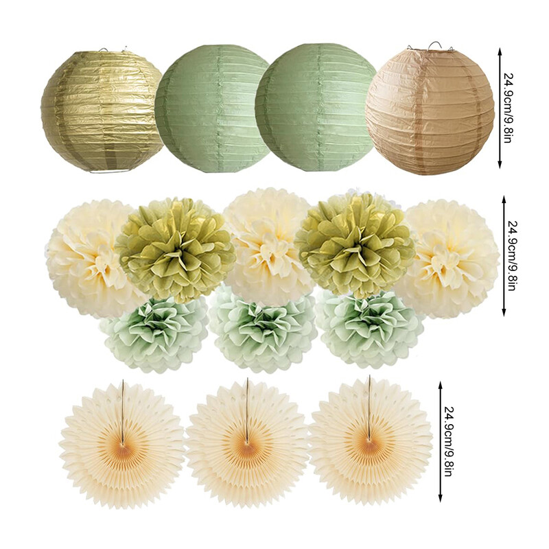 Buli dekoráció Zsálya Zöld Bézs Születésnapi Babazuhany Esküvői Papírlámpák Arany Pomponok Krémlegyező szett menyasszonyi eljegyzéshez