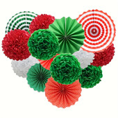 15 pakelių Raudona žalia Balta popierinė pomponų rinkinys su popieriniu ventiliatoriumi Kalėdų diena