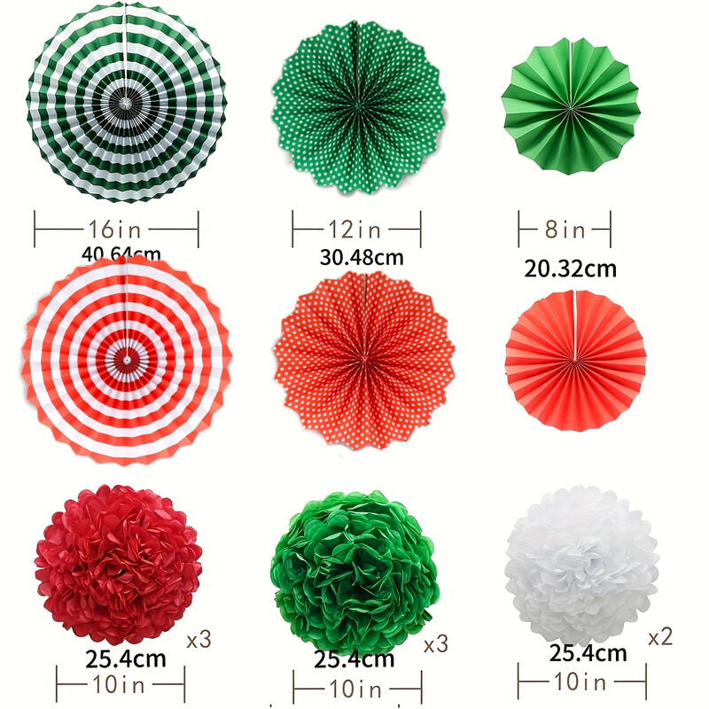 15 pakelių Raudona žalia Balta popierinė pomponų rinkinys su popieriniu ventiliatoriumi Kalėdų diena
