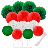 14 gab. 4-10 collu sarkani zaļi balti papīra laternas pomponu šūnveida šūnām dzimšanas dienas kāzām Halovīni Ziemassvētku Jaungada rotājumi