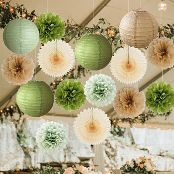 Декорация за парти Sage Green Beige Рожден ден Baby Shower Сватбени хартиени фенери Златни помпони Крем вентилатор Комплект за булчински годеж