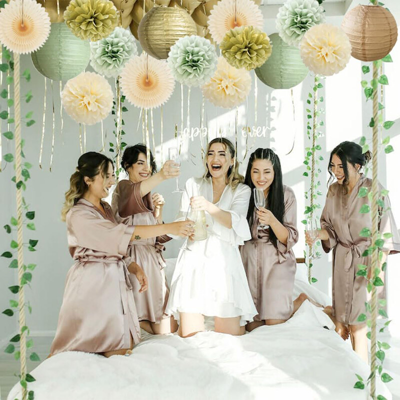 Ballīšu noformējums Salvija Zaļš Bēšs Dzimšanas dienas Bērnu duša Kāzu Papīra Laternas Zelta pomponi Krēmveida ventilatoru komplekts līgavas saderināšanās