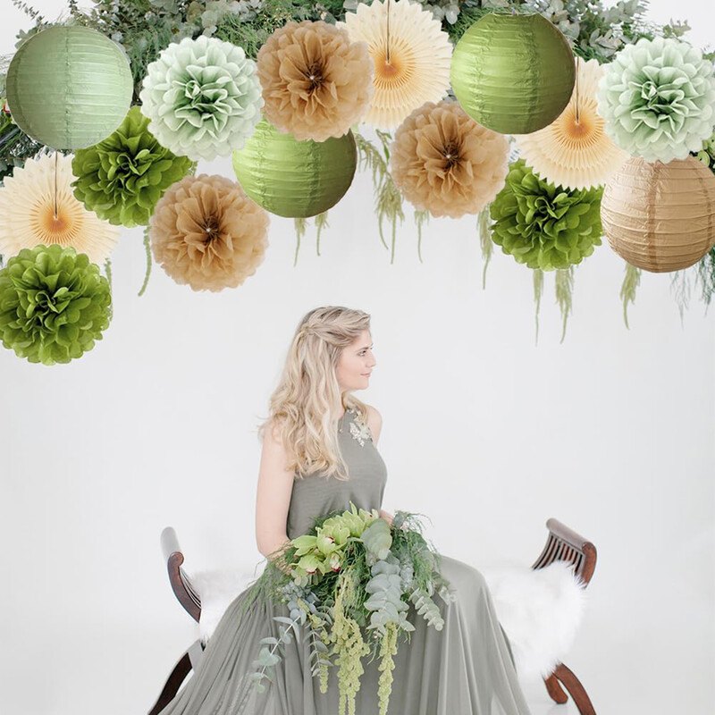 Ballīšu noformējums Salvija Zaļš Bēšs Dzimšanas dienas Bērnu duša Kāzu Papīra Laternas Zelta pomponi Krēmveida ventilatoru komplekts līgavas saderināšanās