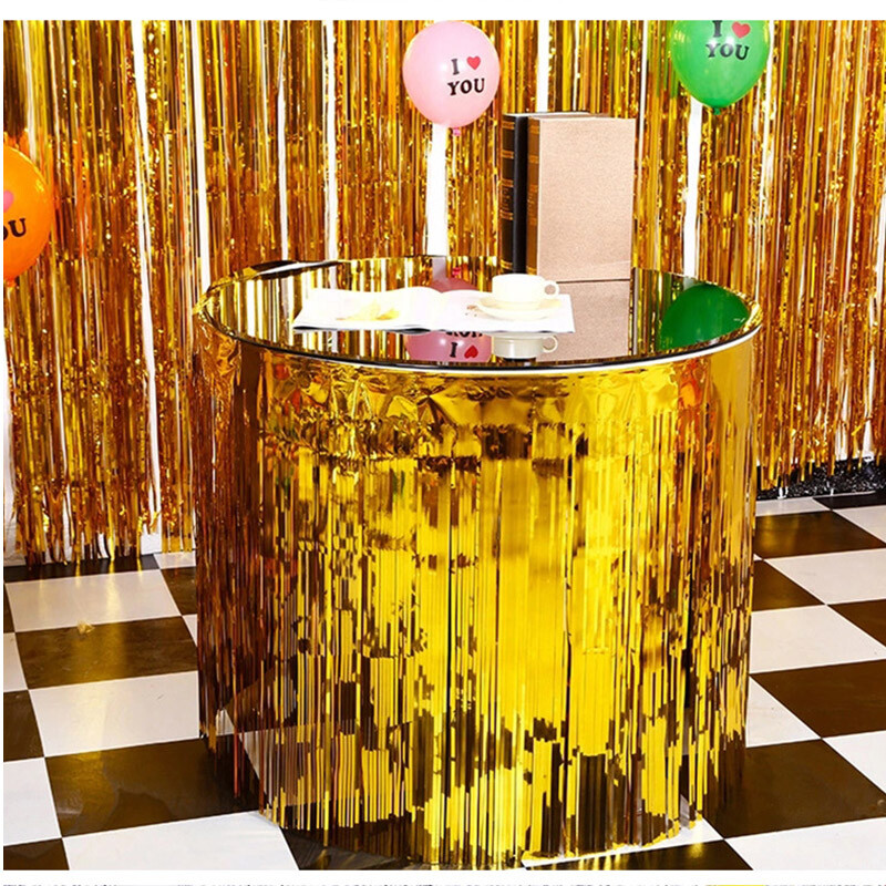 1X2M metāla folijas bārkstis galda svārki Gold Tinsel Tutu galda svārki kāzu dekorēšanai bērnu dušas taisnstūra galdi