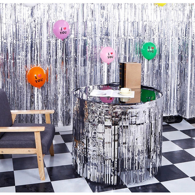 1X2M metāla folijas bārkstis galda svārki Gold Tinsel Tutu galda svārki kāzu dekorēšanai bērnu dušas taisnstūra galdi