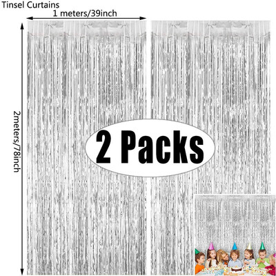 2Pack 1X2M Sidabrinės metalinės folijos blizgučiai su kutais užuolaidų fonas Gimtadienio vestuvių mergvakario dekoravimas suaugusiųjų jubiliejui