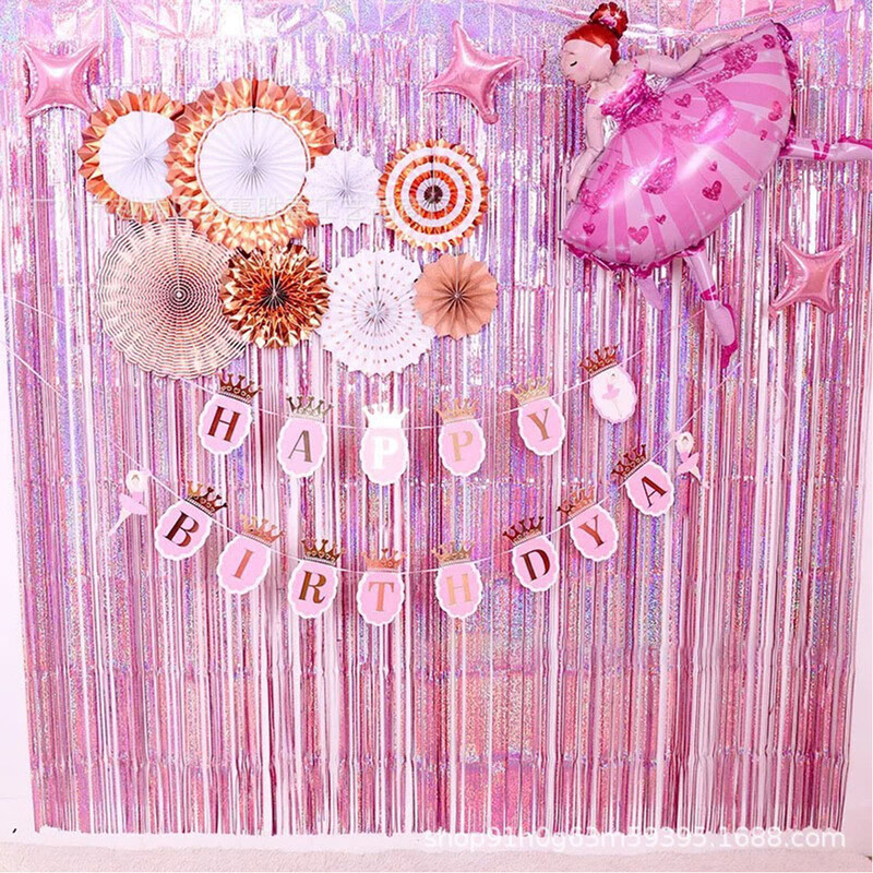 2 τμχ Ροζ 2m κουρτίνα με πούλιες για γενέθλια γαμήλια διακόσμηση Bachelorette πάρτι Αποφοίτηση Νυφικό ντους φούντα φόντο