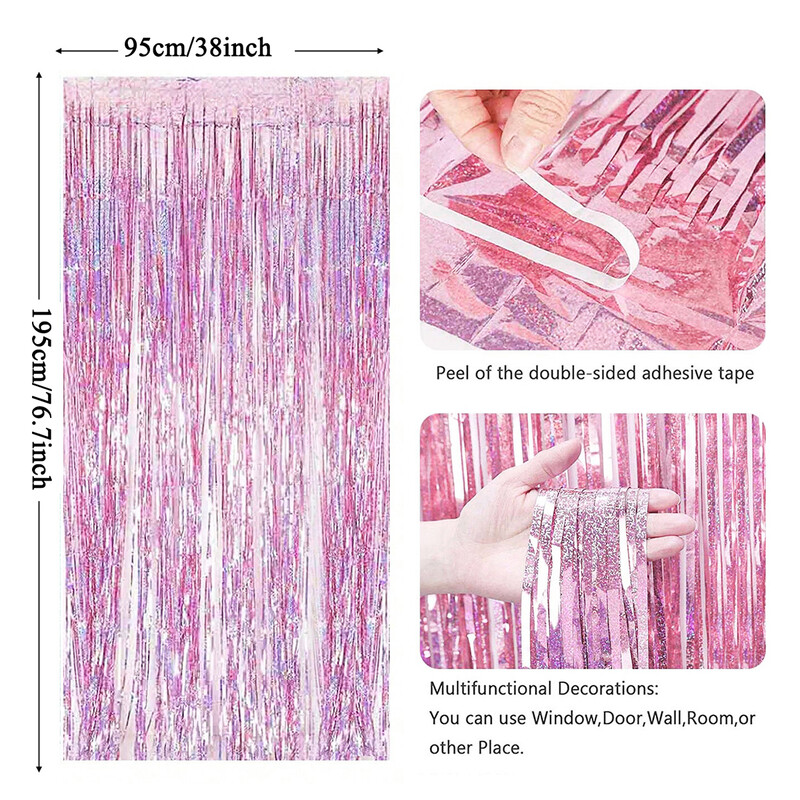 2 τμχ Ροζ 2m κουρτίνα με πούλιες για γενέθλια γαμήλια διακόσμηση Bachelorette πάρτι Αποφοίτηση Νυφικό ντους φούντα φόντο