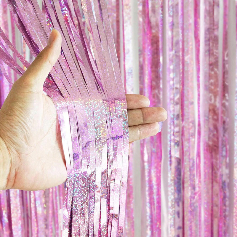 2 τμχ Ροζ 2m κουρτίνα με πούλιες για γενέθλια γαμήλια διακόσμηση Bachelorette πάρτι Αποφοίτηση Νυφικό ντους φούντα φόντο