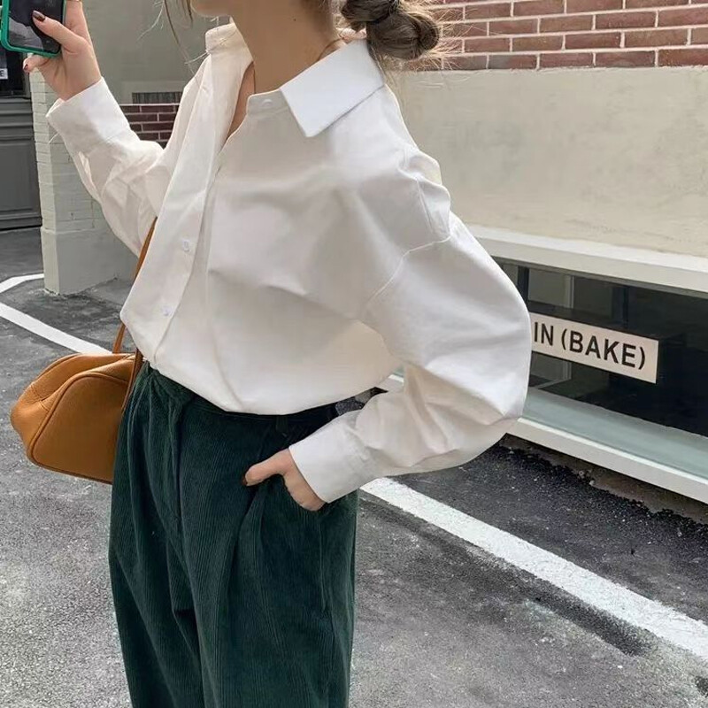 Γυναικείο λευκό πουκάμισο βαμβακερό 2024 Άνοιξη φθινόπωρο Vintage Γυναικείες μπλούζες μακρυμάνικο casual με γυριστό γιακά Γυναικείες φαρδιά μπλούζες