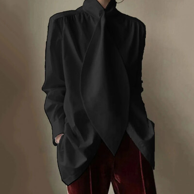 Freeacy városi női elegáns egyszínű blúz, magas nyakú, hosszú ujjú, laza szabású ing felső irodai női egyszerű munkaingek