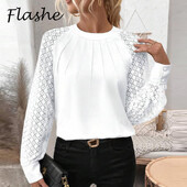 Divat női blúz fehér ing Őszi női hosszú ujjú felsők O nyakú csipke ujjú redős design irodai ing pulóver