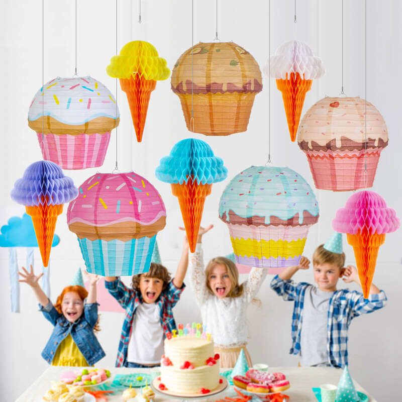5/10 db Cupcake és fagylalt függő papírlámpás fánk keverék papír lámpatest édes cukorka babazuhany gyerekeknek születésnapi parti dekoráció