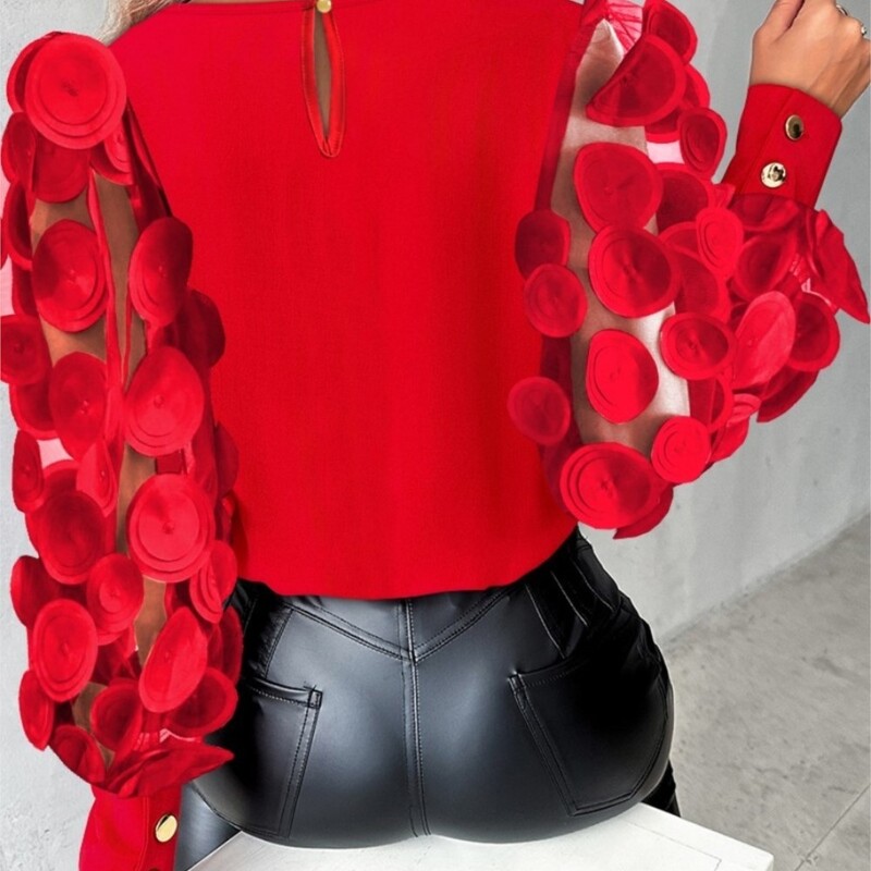 Sieviešu apaļš kakls ar garām piedurknēm moderns 2024. gada rudens kolekcijas ziedlapu piedurknes moderns krekls sieviešu apģērbs