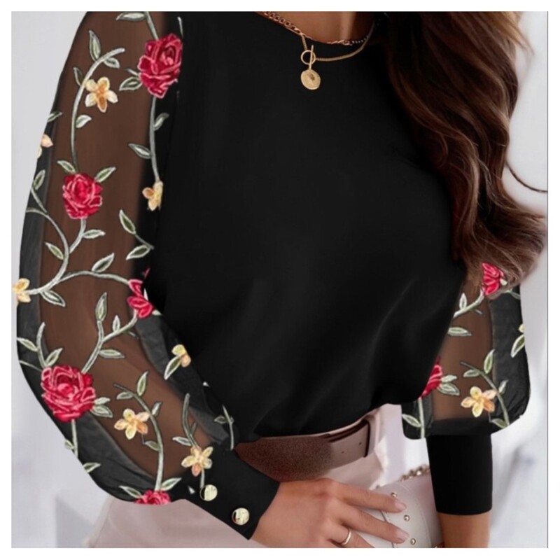 Sieviešu apaļš kakls ar garām piedurknēm moderns 2024. gada rudens kolekcijas ziedlapu piedurknes moderns krekls sieviešu apģērbs