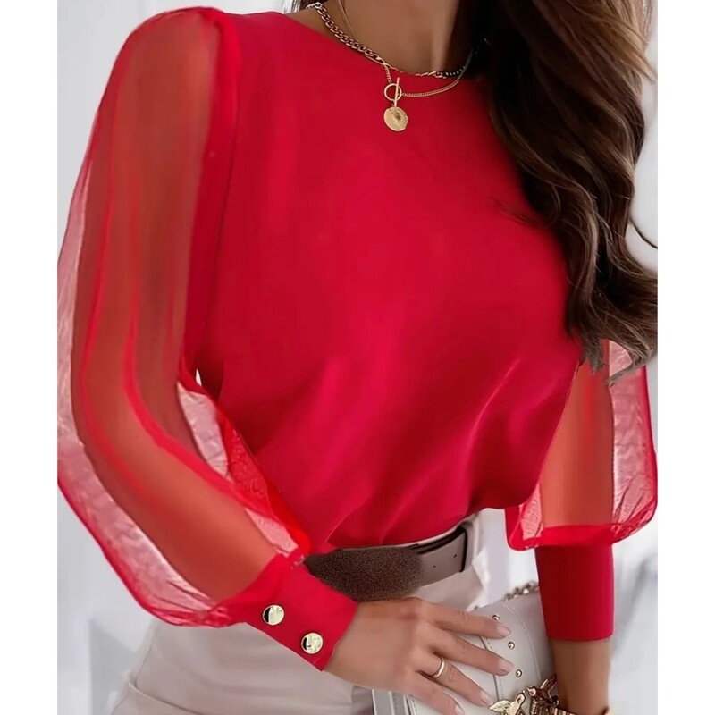 Sieviešu apaļš kakls ar garām piedurknēm moderns 2024. gada rudens kolekcijas ziedlapu piedurknes moderns krekls sieviešu apģērbs