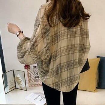 Μόδα Casual Thin Chiffon Loose Batwing μανίκι καρό γυναικείο πουκάμισο 2022 Γυναικεία γυναικεία μπλούζα με πέτο με κουμπιά παντού