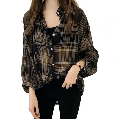 Μόδα Casual Thin Chiffon Loose Batwing μανίκι καρό γυναικείο πουκάμισο 2022 Γυναικεία γυναικεία μπλούζα με πέτο με κουμπιά παντού