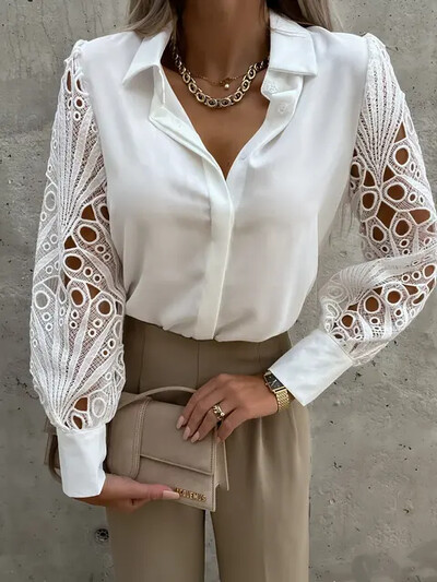 Moteriška palaidinė balta tuščia Elegantiška V formos iškirptė nėriniuota rankovė, iškirpta raštinė biuro juodi marškiniai, skirti moterims S-XXL