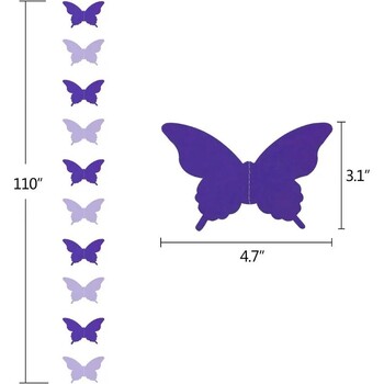 Μωβ τρισδιάστατες γιρλάντες με κρεμαστές πεταλούδες, χάρτινα κουφώματα πανό Λεβάντα πάρτι γενεθλίων τσαγιού λιλά Γαμήλια διακόσμηση για μωρά για το σπίτι
